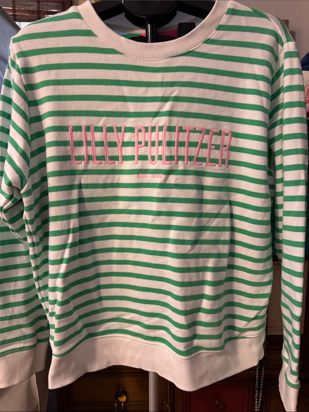 Lilly Pulitzer Green & White Striped Sweatshirt with Pink Logo